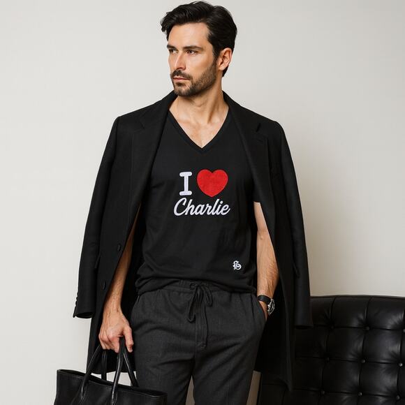 JOHN GALLIANO I Love Charlie Chaplin V-Neck T-Shirt Black Sz L $695 {3B42}